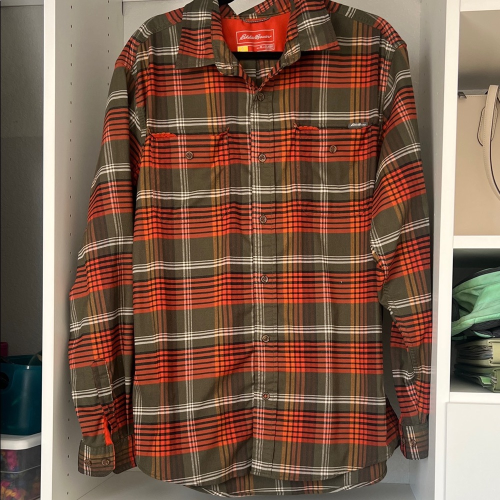 Eddie Bauer men’s orange and Green Plaid Casual Shirt